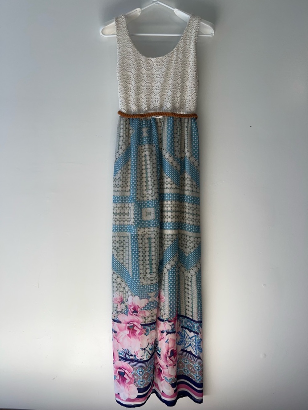 Boho Maxi Dress Sz M (8) Sleeveless Crochet Lace Cottagecore Geometric Resort